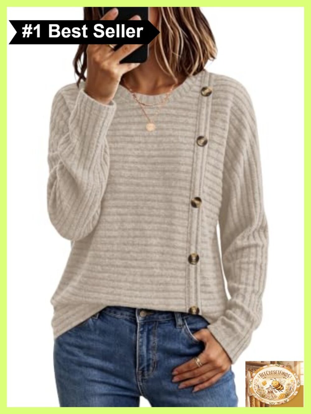 Womens Soft Textured Long Sleeve Tunic Top Crew Neck Button Detail